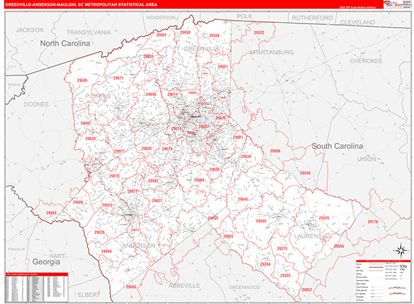 Greenville-Anderson-Mauldin Metro Area Wall Map Red Line Style